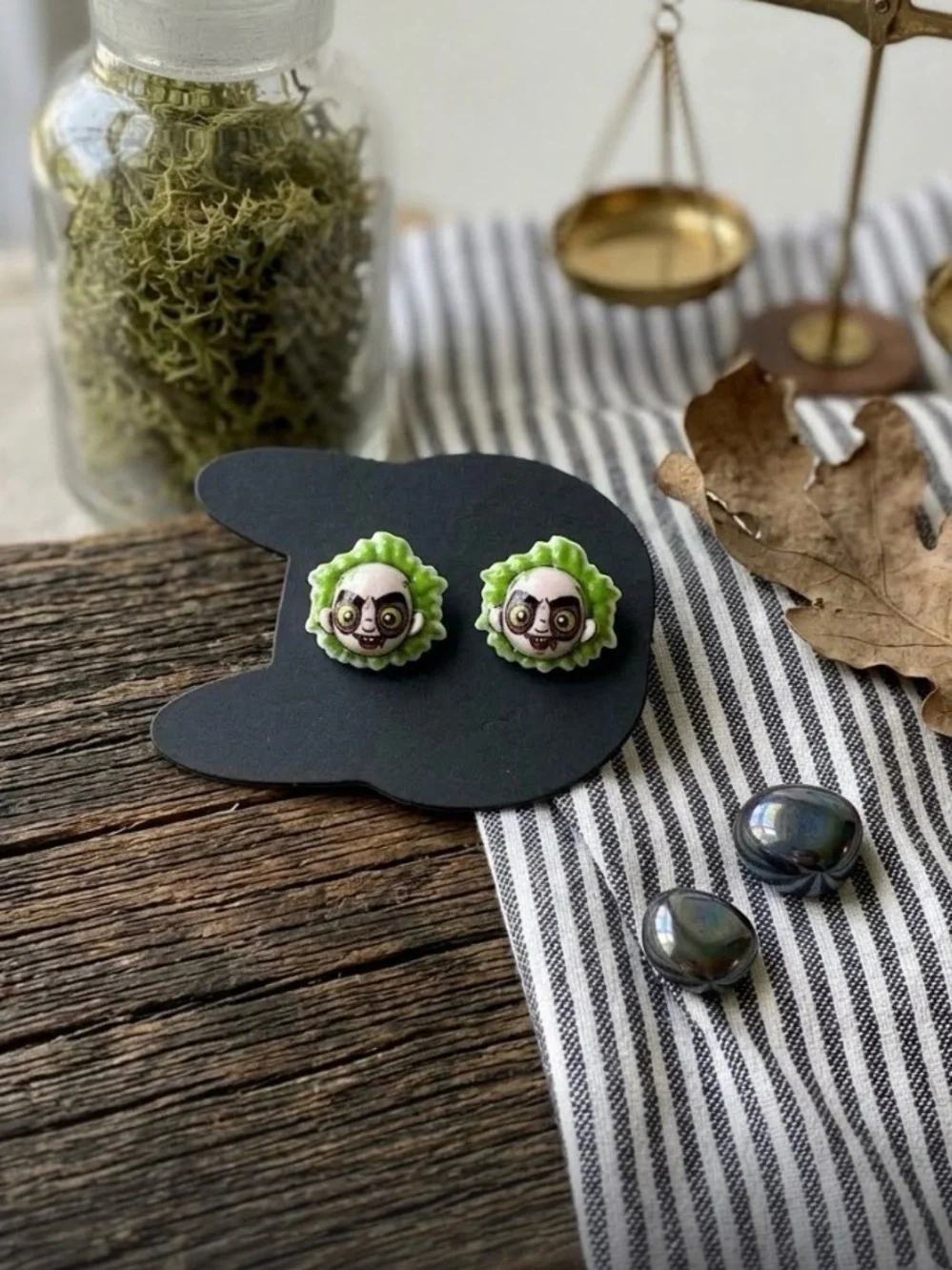 Handcrafted Green Character Stud Earrings
